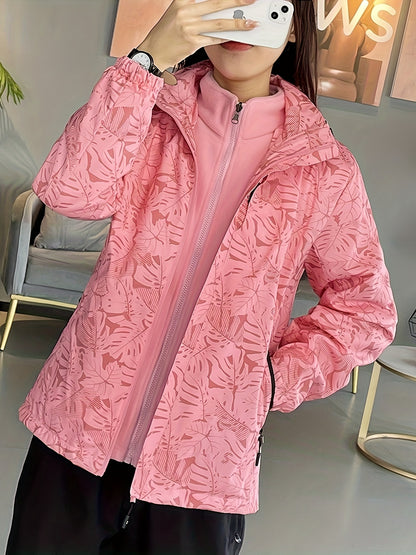 Waterproof Windbreaker Jacket for Women - High Neck, Zipper Placket, Long Sleeve, Leaf Print Graphic, Pockets, Breathable Polyester Fabric - Ideal for Outdoor Climbing, Hiking, and Weekend Casual Wear