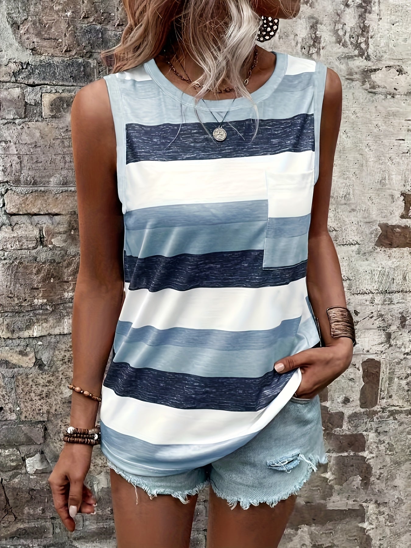 Striped Print Crew Neck Tank Top, Casual Sleeveless Patched Pocket Tank Top For Spring & Summer, Women's Clothing