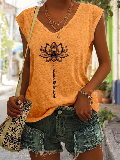 Lotus Print V Neck Tank Top, Cap Sleeve Casual Top For Summer & Spring, Women's Clothing