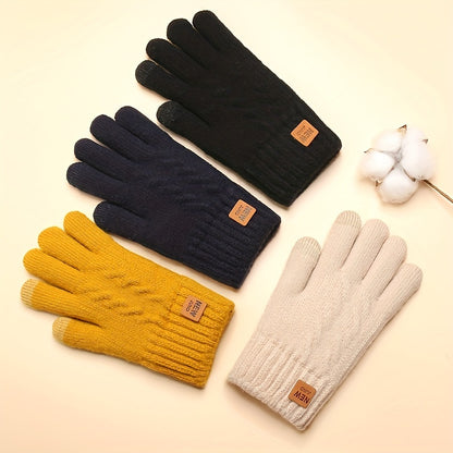 Plus Velvet Thickened Double-Layer Knitted Gloves - Cold Weather Gloves with Touch Screen Function, Short Elastic Cuff, Solid Color, Coldproof and Warm for Winter