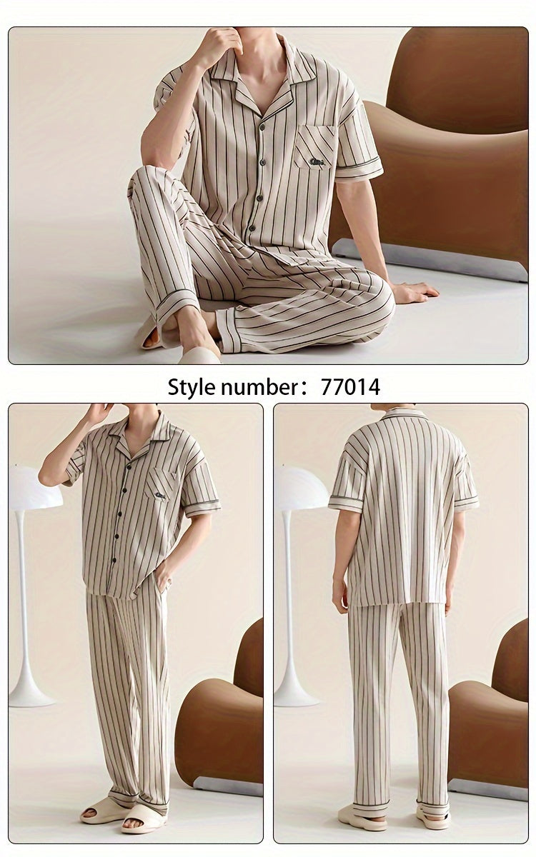 2 Pcs Men's Thin Trendy Stripe Design Open Front Short Sleeve & Trousers Pajama Sets, Comfortable & Skin-friendly Style Pajamas For Men's Cozy Loungewear