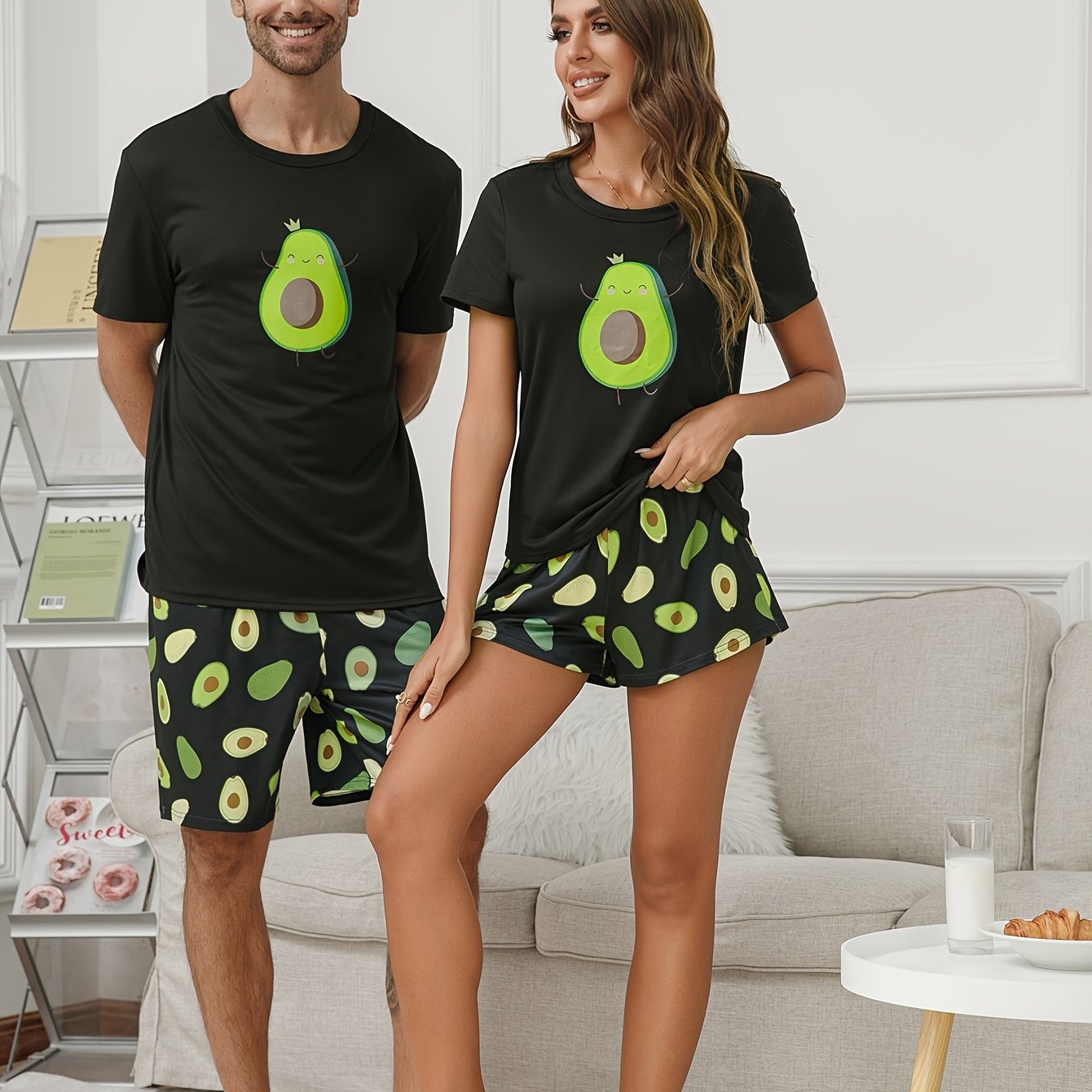 Men's Couple's 2 Pcs Leisure Pajama Suit - Cute Avocado Print Round Neck Short Sleeve & Shorts For Daily Wearing