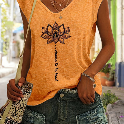 Lotus Print V Neck Tank Top, Cap Sleeve Casual Top For Summer & Spring, Women's Clothing