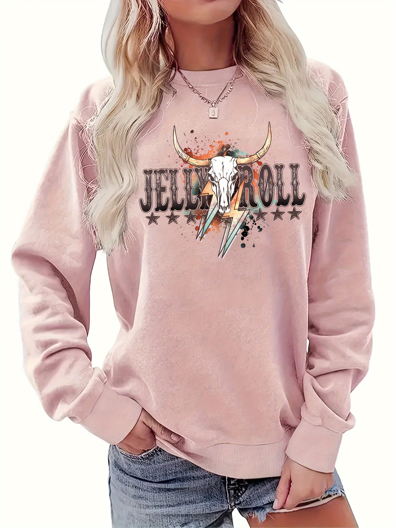 Women's Fall/Winter Crew Neck Bull Head Sweatshirt - Casual, Comfy Long Sleeve with Slight Stretch & Easy-Care Fabric