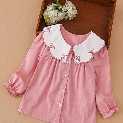 KUYIXIONG Girls Cute & Casual Long Sleeve Ruffle Trim Rabbit Stitched Doll Collar Button Up Cotton Shirt Top For Spring & Fall