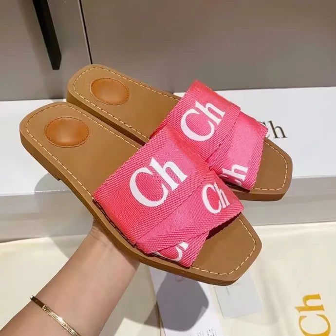 Dhgate Designer Sandal Man Woody Clog Mule Flat Sandale Slide Letter Loafers Tazz Slipper Womans Pink Red Slippers Summer Beach Platform Canvas Shoe Flip Flop