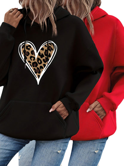 Women's Heart Print Kangaroo Pocket Casual Hoodie - Long Sleeve Drawstring Sweatshirt with Relaxed Fit, Soft Fabric, and Cozy Design for Everyday Wear