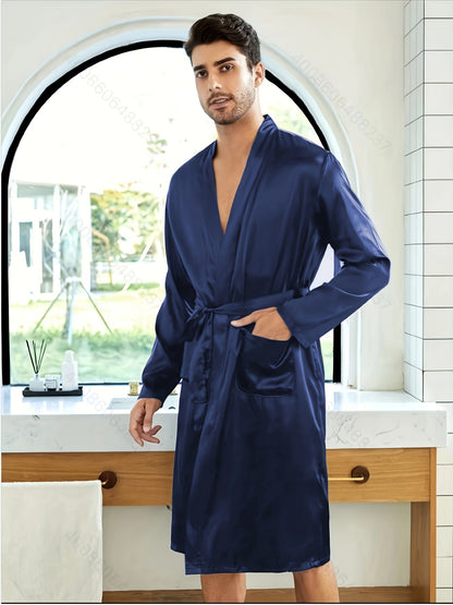 Stylish & Durable Men's Casual Winter Robe: V-Neck, Pockets, Belt - Solid Color, Warm Comfort