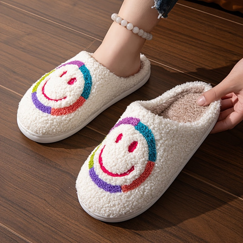 Cartoon Smile Pattern Fabric Slippers with PVC Sole, Cozy Plush Lined Indoor House Slippers for Kids and Adults