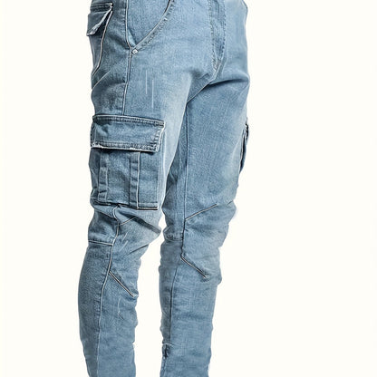 Men's Trendy Solid Cargo Denim Jeans With Side Pocket, Comfy Casual Slim Fit Trousers For Men's Outdoor Activities