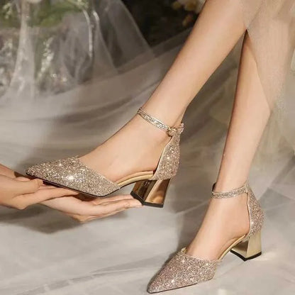 Dress Shoes Luxury Gold Silver Sequins High Heels Pumps Women Pointed Toe Ankle Straps Wedding Woman Thick Heeled Party H240527