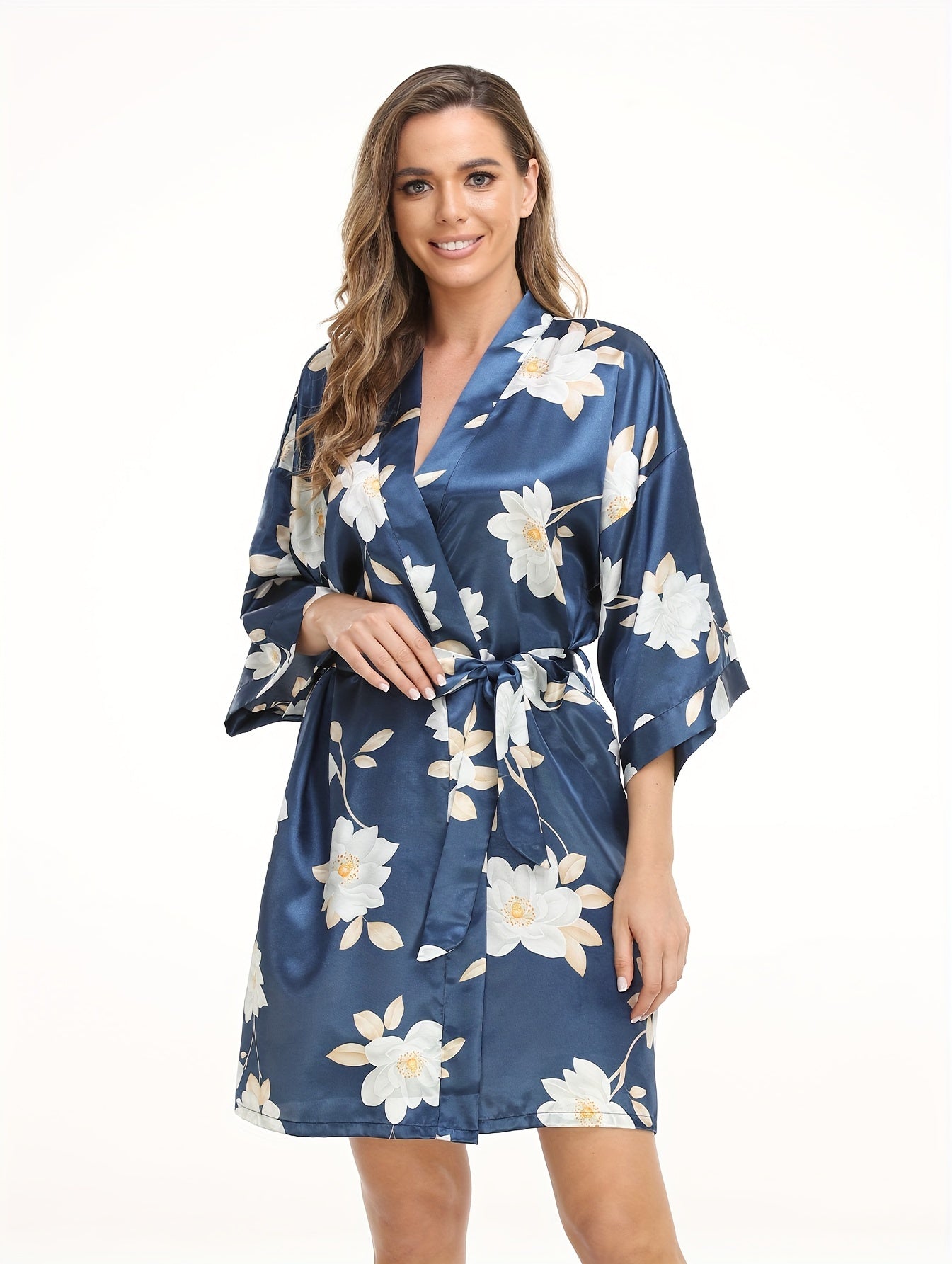 Romantic Floral Satin Kimono Robe - Luxurious Three-Quarter Sleeve V-Neck Sleepwear with Belted Waist for Women - Elegant Nighttime Elegance