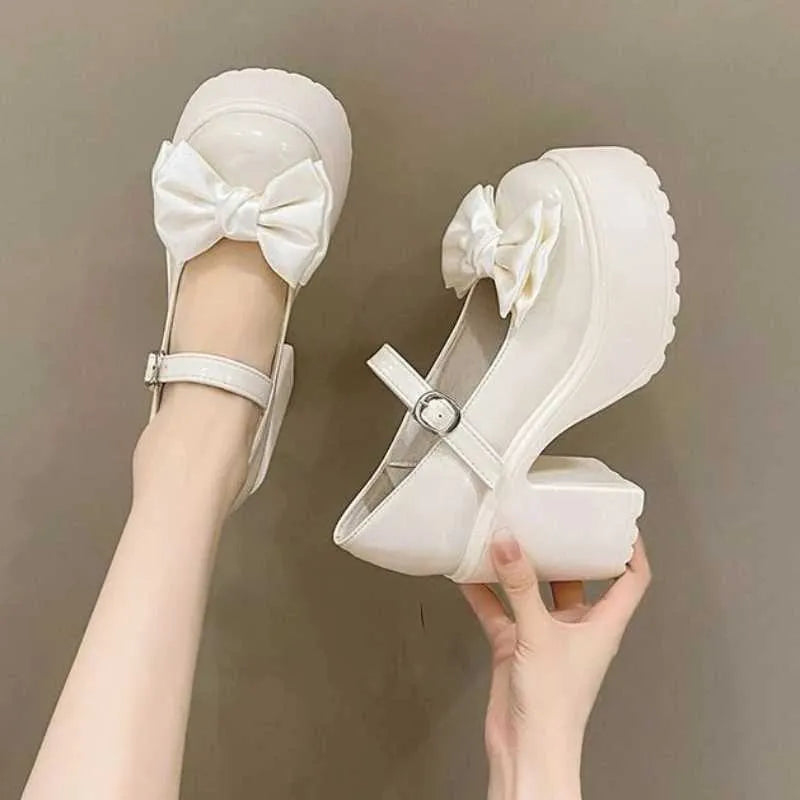 Dress Shoes Summer and Autumn Fashion New Solid Color Bow Popular Thick Bottom Buckle Round High Heels H240527 D4KO