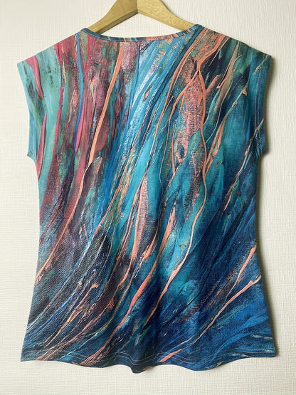 Abstract Print V Neck Tank Top, Casual Sleeveless Top For Spring & Summer, Women's Clothing