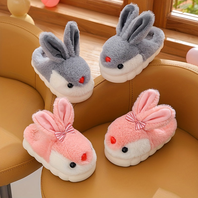 Cute Cartoon Rabbit Plush Slippers for Boys and Girls - Casual Street Style Animal Print Footwear with Bow Detail, Warm Fabric Lined Indoor House Shoes for Toddlers and Kids - Non-Slip PVC Sole, Comfortable Round Toe - Ideal for Daily Casual Wear, All Sea