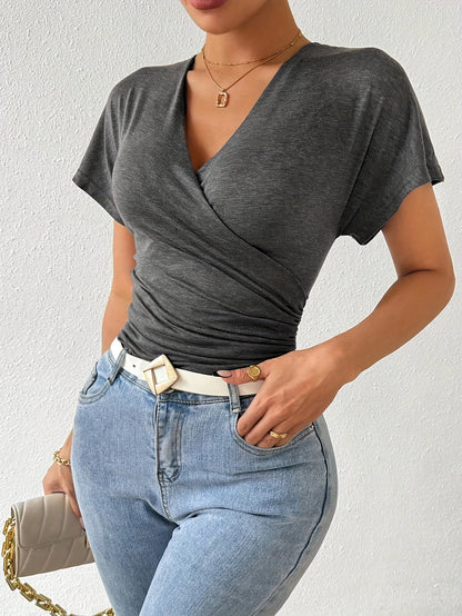 Vibrant Solid Color V-Neck Asymmetrical Ruched T-Shirt - Soft Micro Elastic Polyester Fabric, Casual Short Sleeve Slim Fit, Perfect for Summer & Spring - Womens Regular Length Knit Top