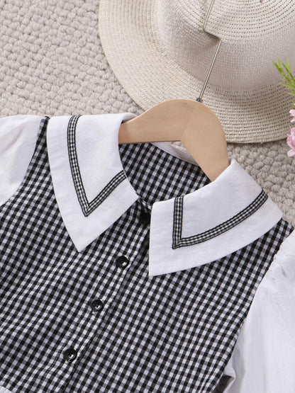 Stylish Plaid Patchwork Peplum Shirt for Girls - Long Sleeve, Collared, Flattering Fit, Casual Chic, Autumn Winter Fashion Essential - Perfect for School, Daily Wear