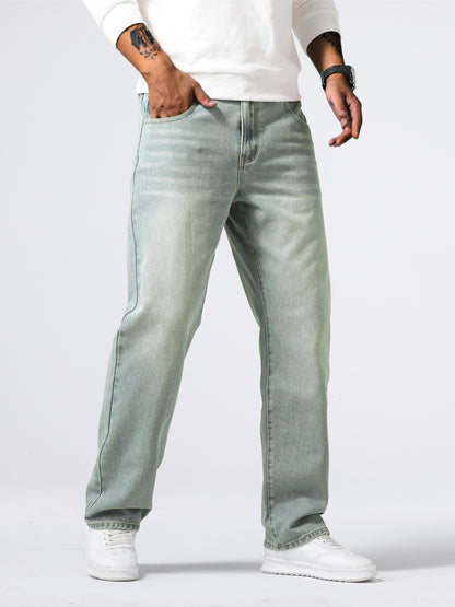 Men's Classic Design Loose Fit Distressed Jeans, Casual Street Style Denim Pants For The Four Seasons