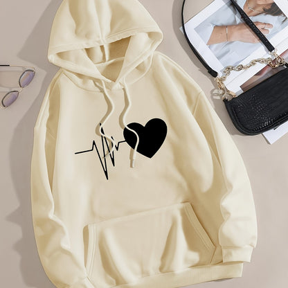 Casual Chic Heart Print Knit Hoodie - Women's Comfy Alphabet Pattern Top for Fall/Winter, Easy-Care & Stretchy