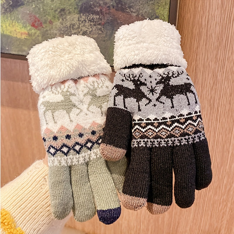 Plus Velvet Thickened Warm Gloves - Stretchy, Cute Deer Print, Touch Screen, Coldproof, Outdoor Cycling, Winter Warmth, Christmas Gift Idea