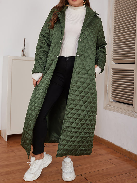 Plus Size Womens Charming Quilted Puffer Coat - Stylish Lapel Collar & Longline Design - Solid Color, Button-Up, Warm Winter Wear - Perfect for Casual Days, Sizes Above Regular