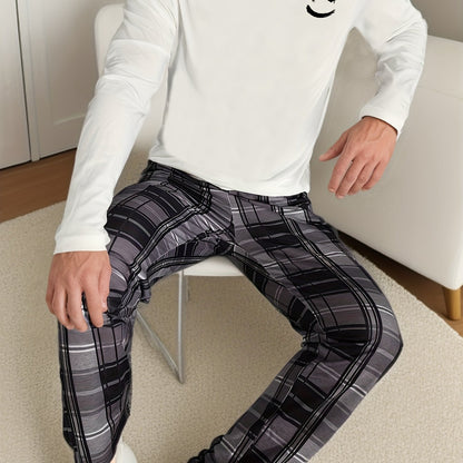 2 Pcs Men's Pajama Sets, Happy Face Pattern Long Sleeves & Plaid Pants, Comfortable & Gentle Style Pajamas For Men's Summer Cozy Loungewear