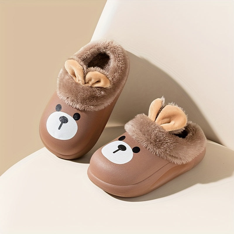 Children's Cute Cartoon Bunny & Bear Slip-On Slippers - Cozy Warm Fabric-Lined Non-Slip Waterproof Rubber Sole Slippers for Boys Under 14 - XLML1968 Kids Plush Cotton Winter Indoor Footwear