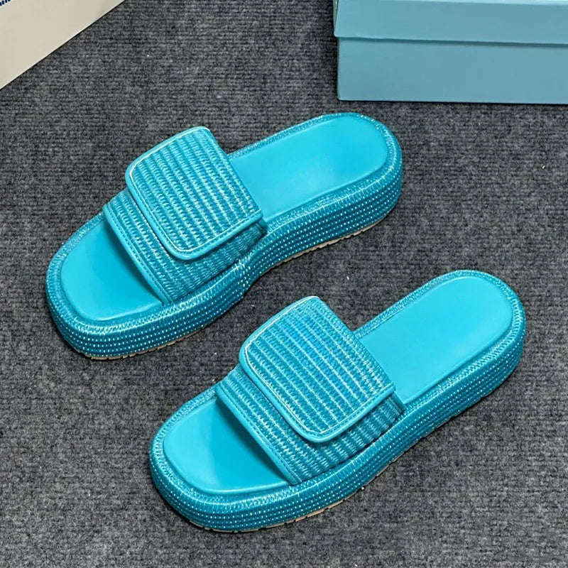 Women Designer Sandals Fashion Straw Sandal Platform Slippers Leather Slip-on Pool Slides Thick Heels Summer Beach Sandles Brown Black White Size 35-42