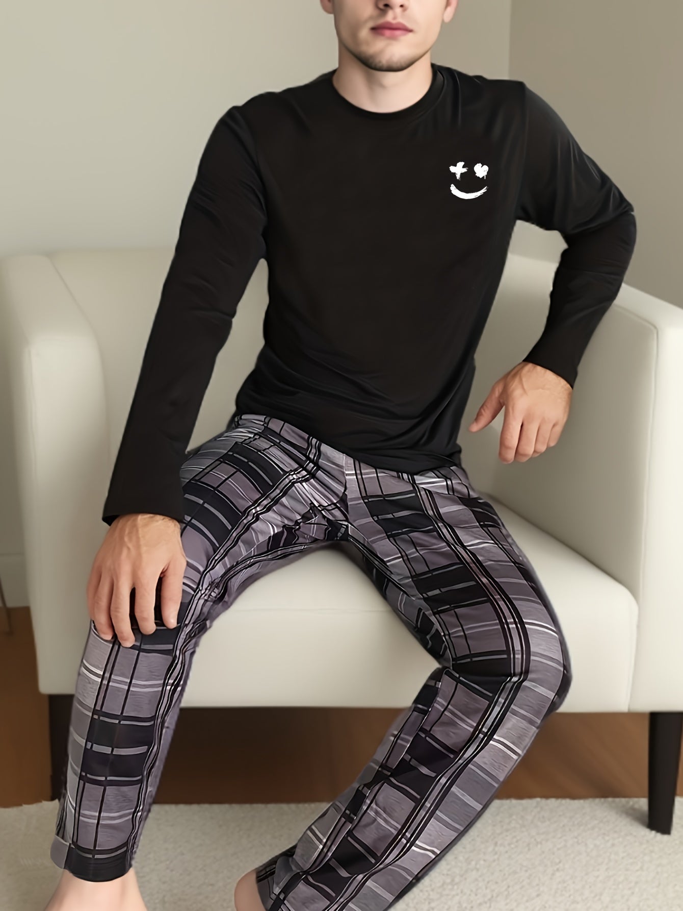 2 Pcs Men's Pajama Sets, Happy Face Pattern Long Sleeves & Plaid Pants, Comfortable & Gentle Style Pajamas For Men's Summer Cozy Loungewear