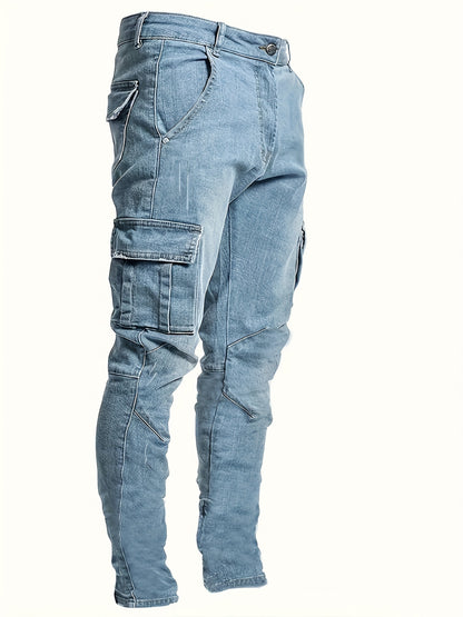 Men's Trendy Solid Cargo Denim Jeans With Side Pocket, Comfy Casual Slim Fit Trousers For Men's Outdoor Activities