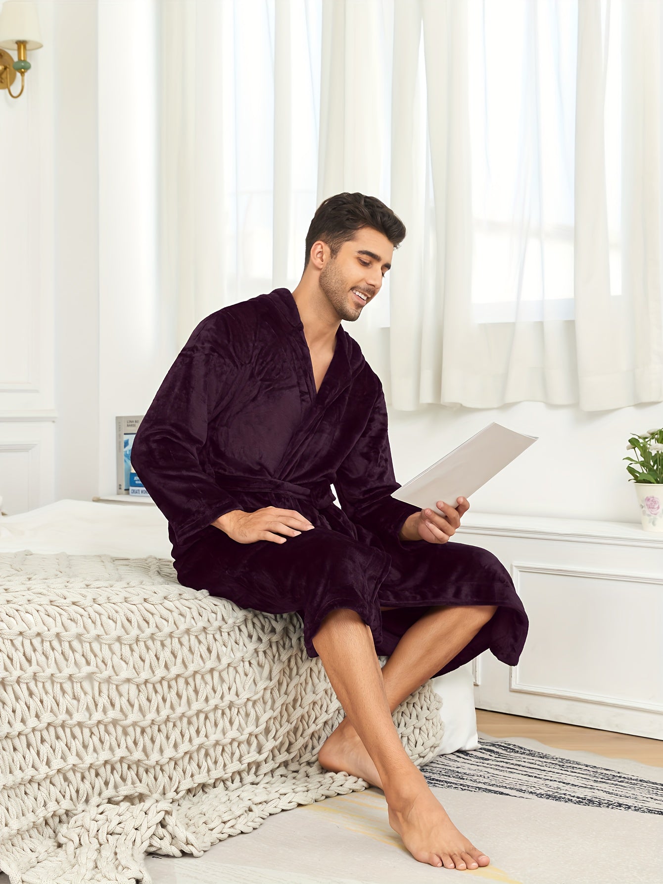 Ultra-Soft Flannel Double Layer Hooded Bathrobe for Men - Robes with Breathable Comfy Solid Color Design, Adjustable Belt, and Pajamas-Perfect Night-robe Set for Relaxation After a Bath