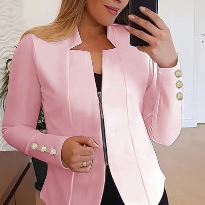 Fashionable Womens Solid Zip-Up Jacket with Button Detail - Comfy Long Sleeves, Casual Style - Premium Clothing Wardrobe Staple