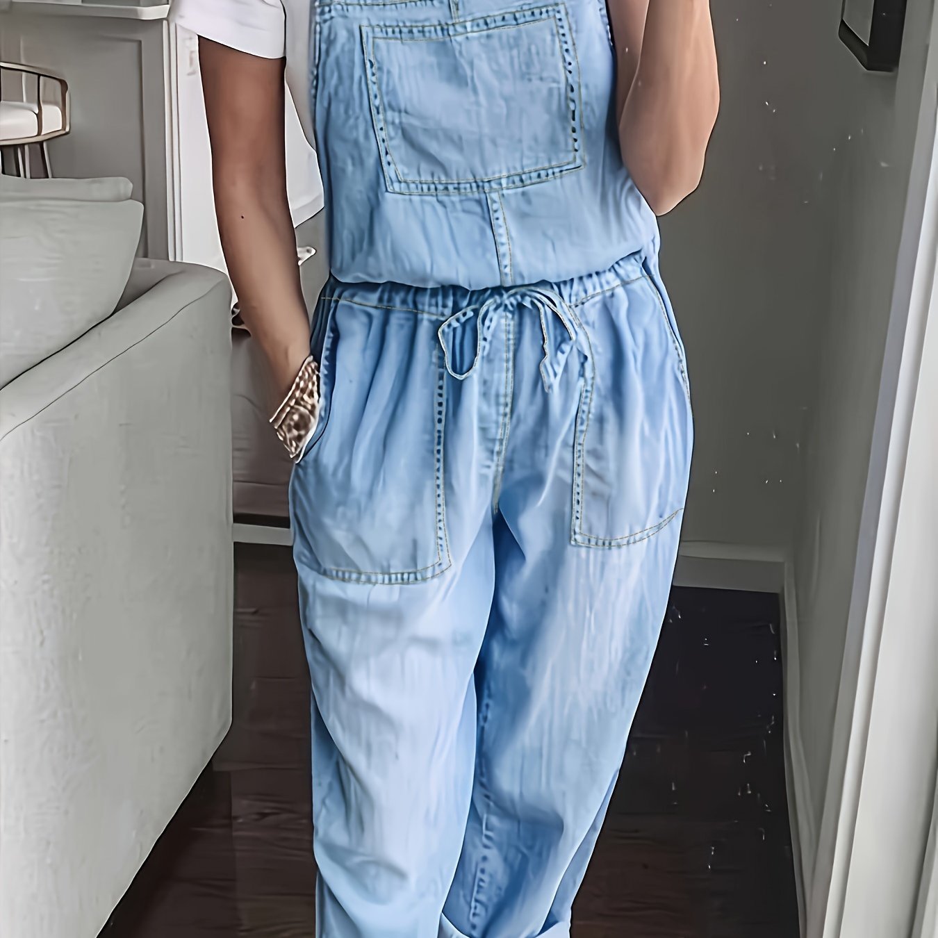 Plain Washed Blue Elegant Style Drawstring Elastic Waistband Denim Overalls Dungarees, Women's Denim Jeans & Clothing