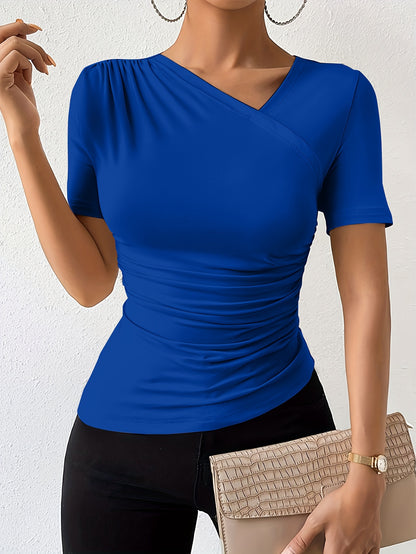 Womens Solid Color Asymmetrical T-Shirt with Ruched Neckline - Chic, Slim-Fitting & Trendy Short Sleeve Top for a Flattering Look