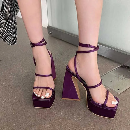 Dress Shoes New high heels womens sandals square open toe pump platform shoes red and blue thin straps sexy fashion designer party dress H240527