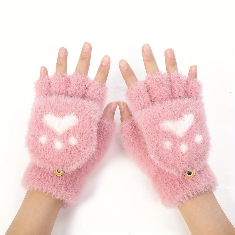 Cute Cat Paw Fuzzy Lined Mitten Gloves - Soft, Warm, Flip-Up, Fingerless, Winter Gloves with Aesthetic Design