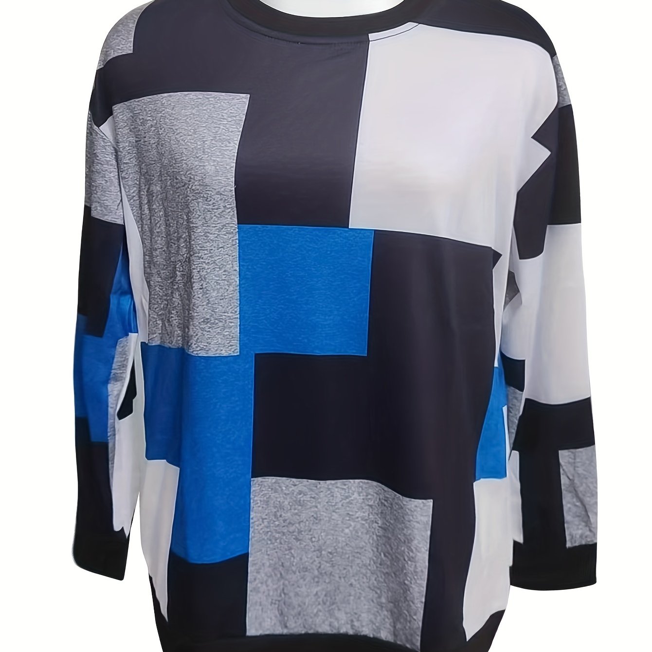 Vibrant Geo Print Color Block Crew Neck Pullover Sweatshirt - Soft Micro Elasticity Polyester Fabric, Machine Washable, Casual Long Sleeve Top for Spring & Fall - Womens Knit Clothing for All Seasons