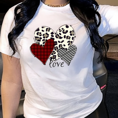 Chic Heart & Love Graphic Tee - Comfy Cotton Blend, Casual Short-Sleeve Crew Neck for Women