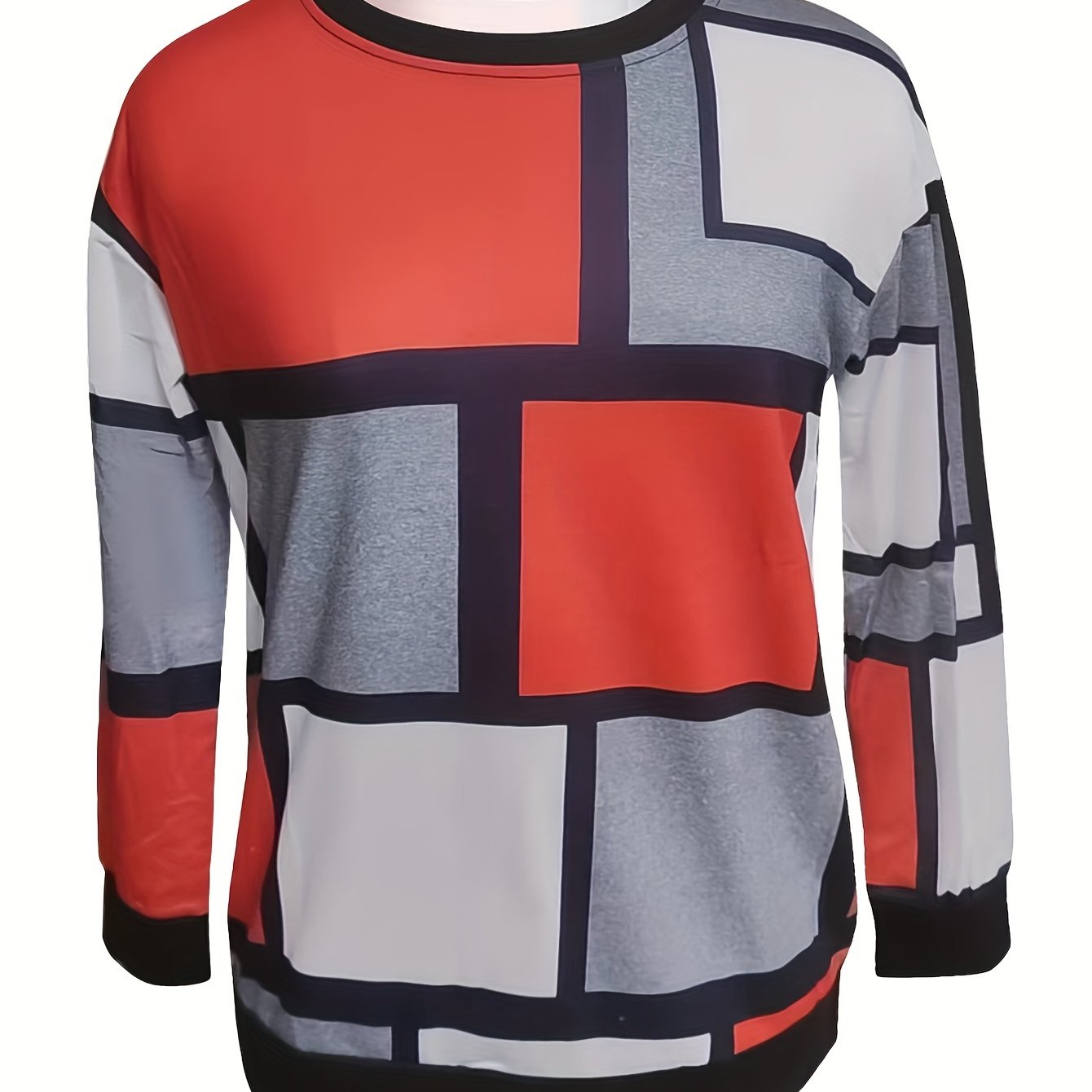 Vibrant Geo Print Color Block Crew Neck Pullover Sweatshirt - Soft Micro Elasticity Polyester Fabric, Machine Washable, Casual Long Sleeve Top for Spring & Fall - Womens Knit Clothing for All Seasons