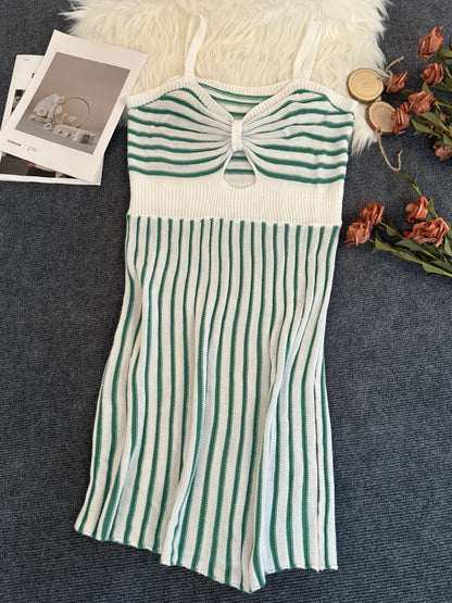 Plus Size Striped Bodycon Knitted Cami Dress - Flattering Fit for Curvy Women, Classic Horizontal Stripes Pattern, Hugging Silhouette, Soft and Cozy Fabric, Sleeveless Design, Sexy Cut Out Detailing, Delicate Adjustable Spaghetti Strap - Designed for the