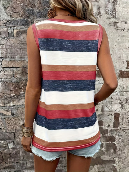 Striped Print Crew Neck Tank Top, Casual Sleeveless Patched Pocket Tank Top For Spring & Summer, Women's Clothing