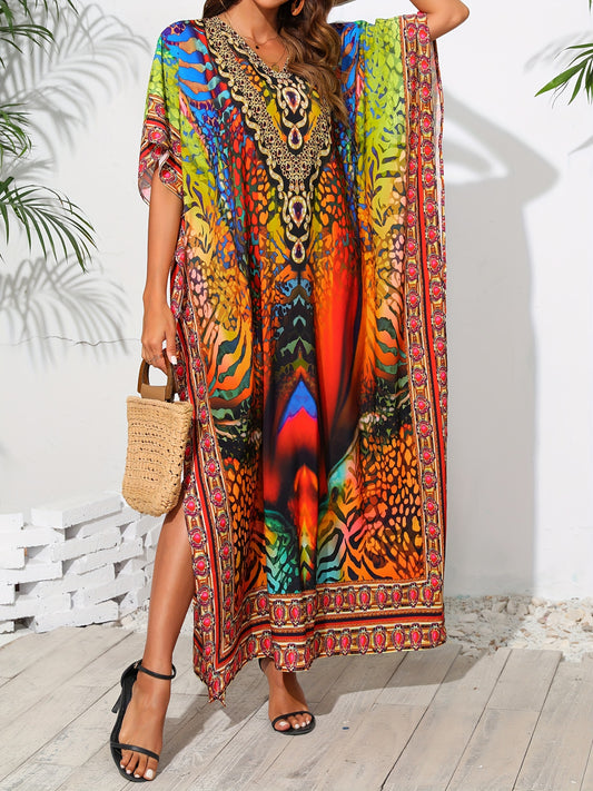 Plus Size Womens Vibrant Tribal Print V Neck Boho Chic Loose Fit Short Sleeve Kaftan Dress for Vacay Beach Cover Up - Soft Non-Stretch Polyester Fabric, Split Details, Pullover Design, Random Printing - Perfect for Curvy Ladies