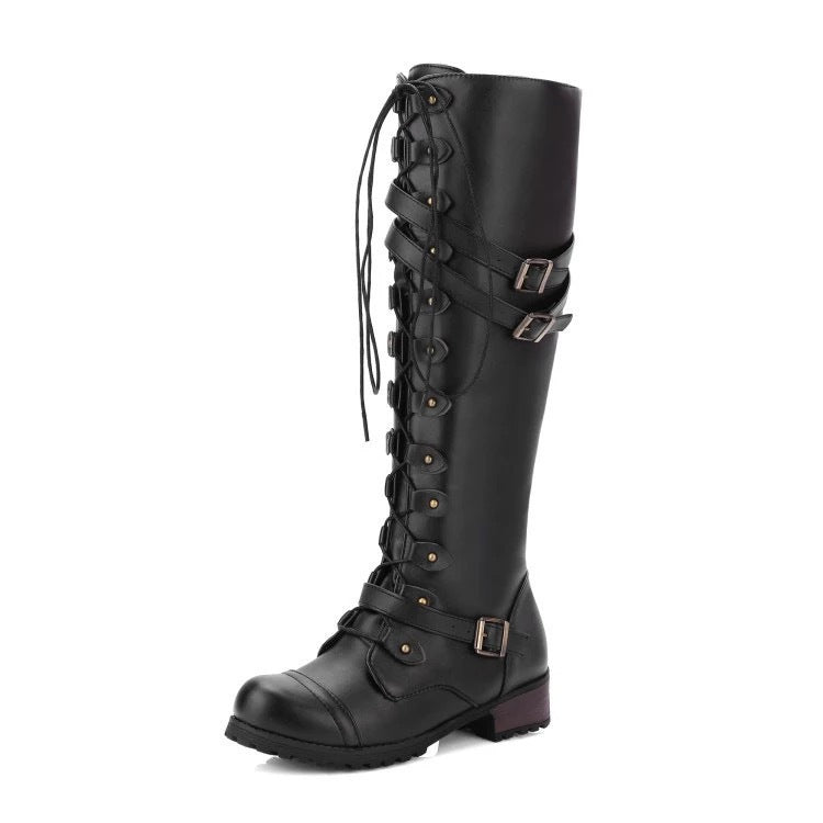 HOTan and NEWn Foreign Trade Leather Boots round Toe Belt Buckle Flat Long Boots Female Autumn and Winter New Rivets Lace-up Tall Knight Boots