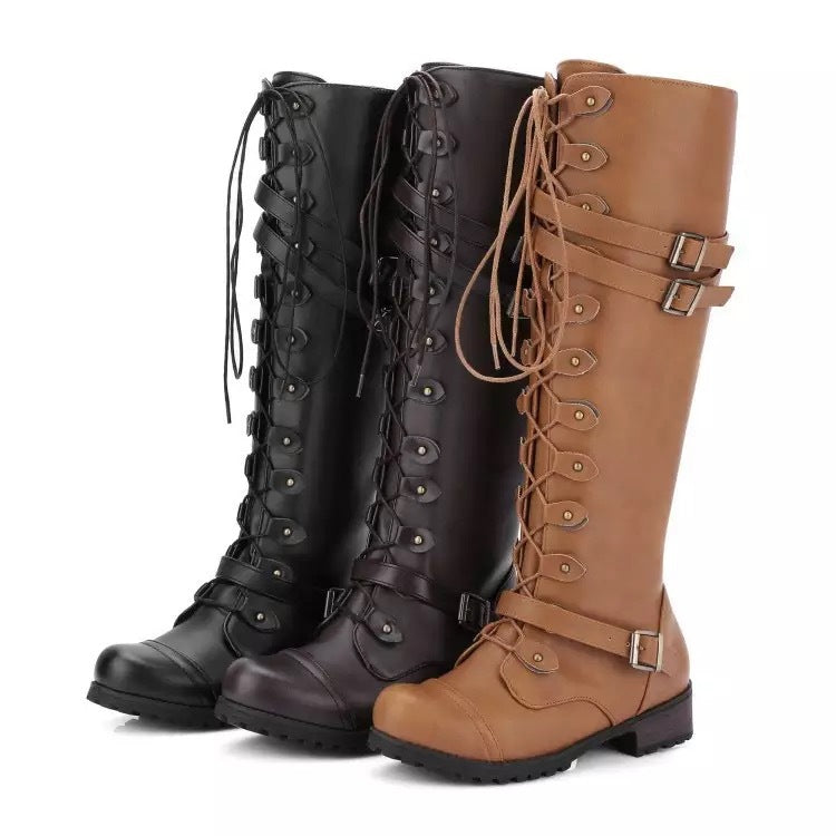 HOTan and NEWn Foreign Trade Leather Boots round Toe Belt Buckle Flat Long Boots Female Autumn and Winter New Rivets Lace-up Tall Knight Boots