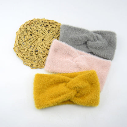 Lianfudai knitted Internet Celebrity Faux Mink Headband Cross Knitted Hair Band Ins New Warm Wool Headband Plush Headdress