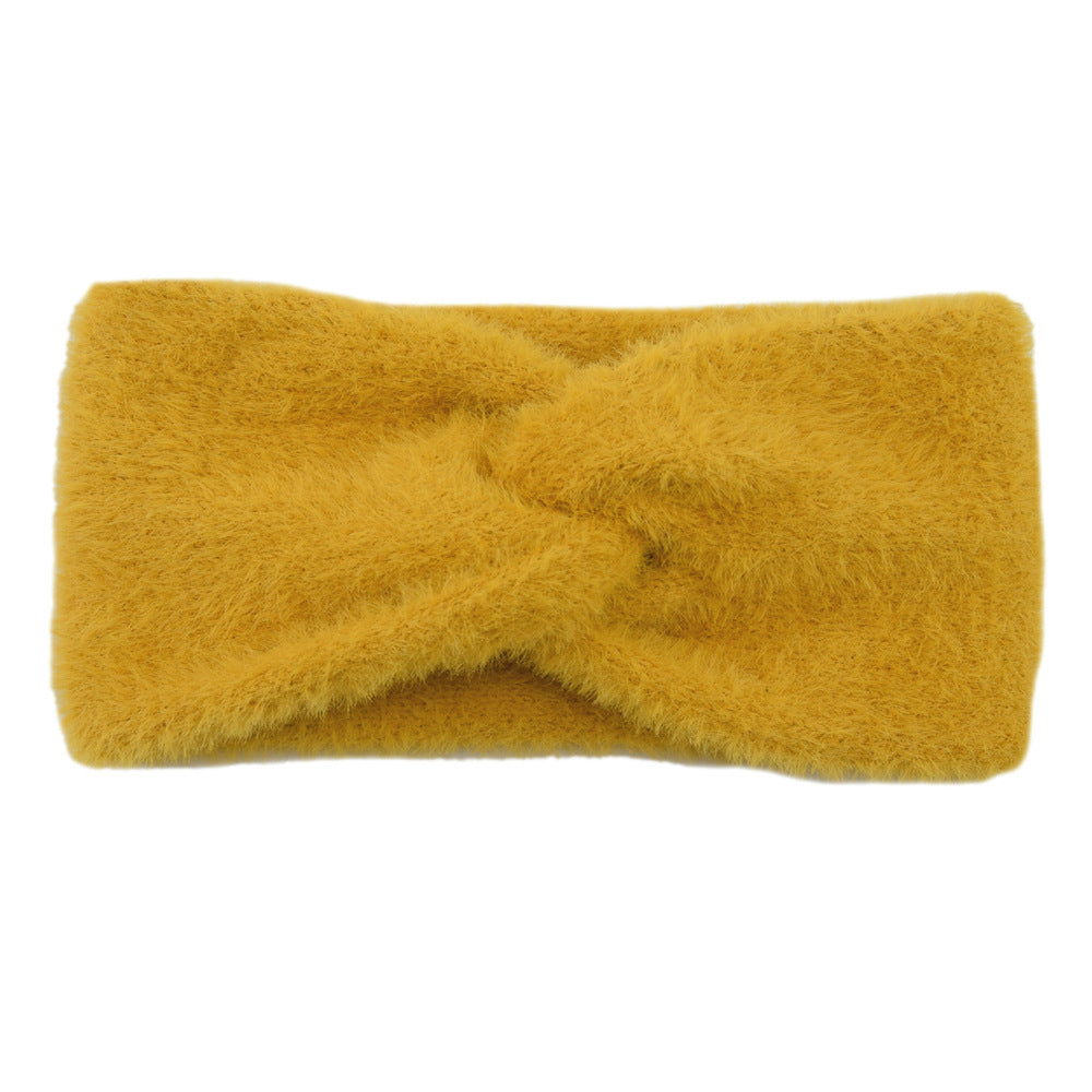 Lianfudai knitted Internet Celebrity Faux Mink Headband Cross Knitted Hair Band Ins New Warm Wool Headband Plush Headdress