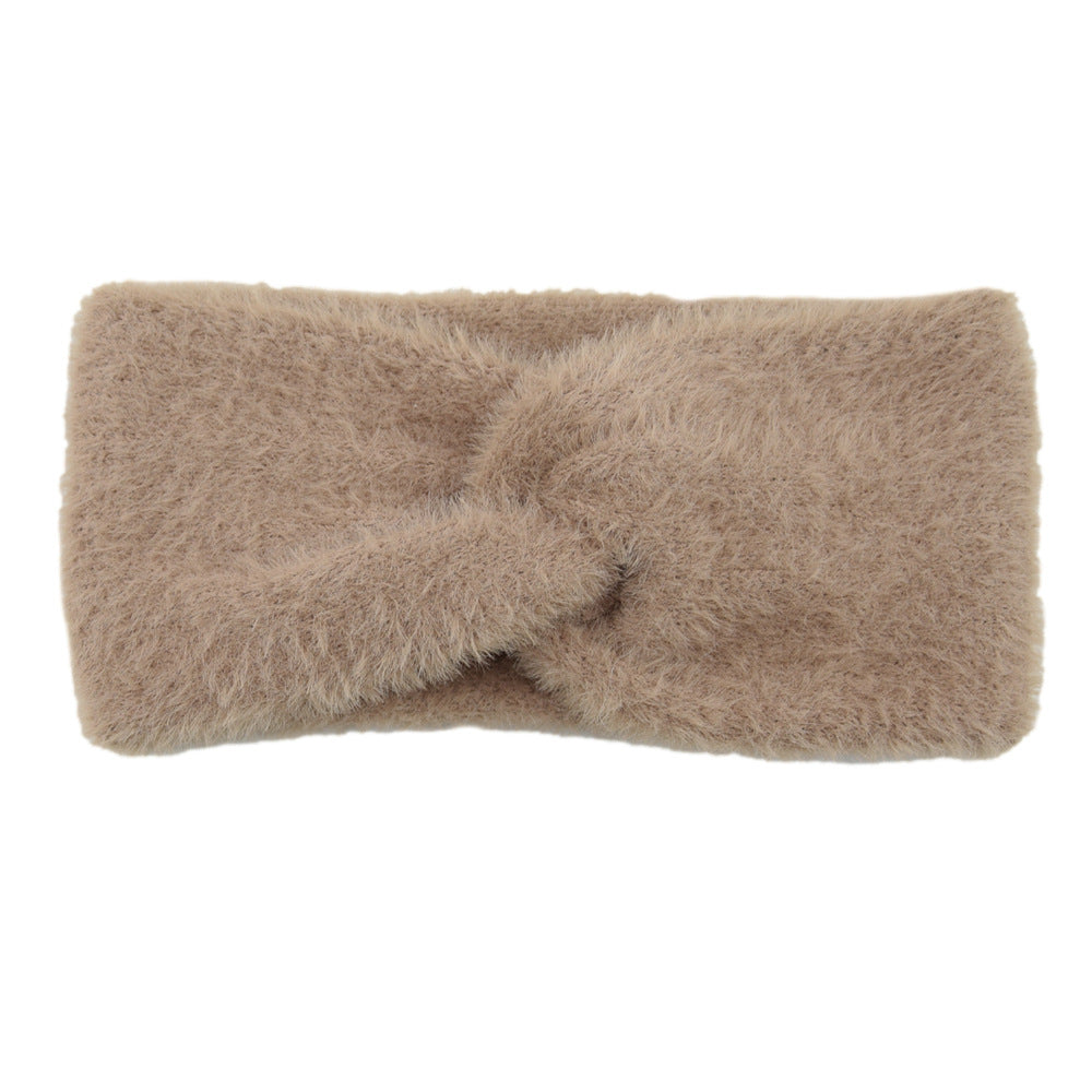 Lianfudai knitted Internet Celebrity Faux Mink Headband Cross Knitted Hair Band Ins New Warm Wool Headband Plush Headdress