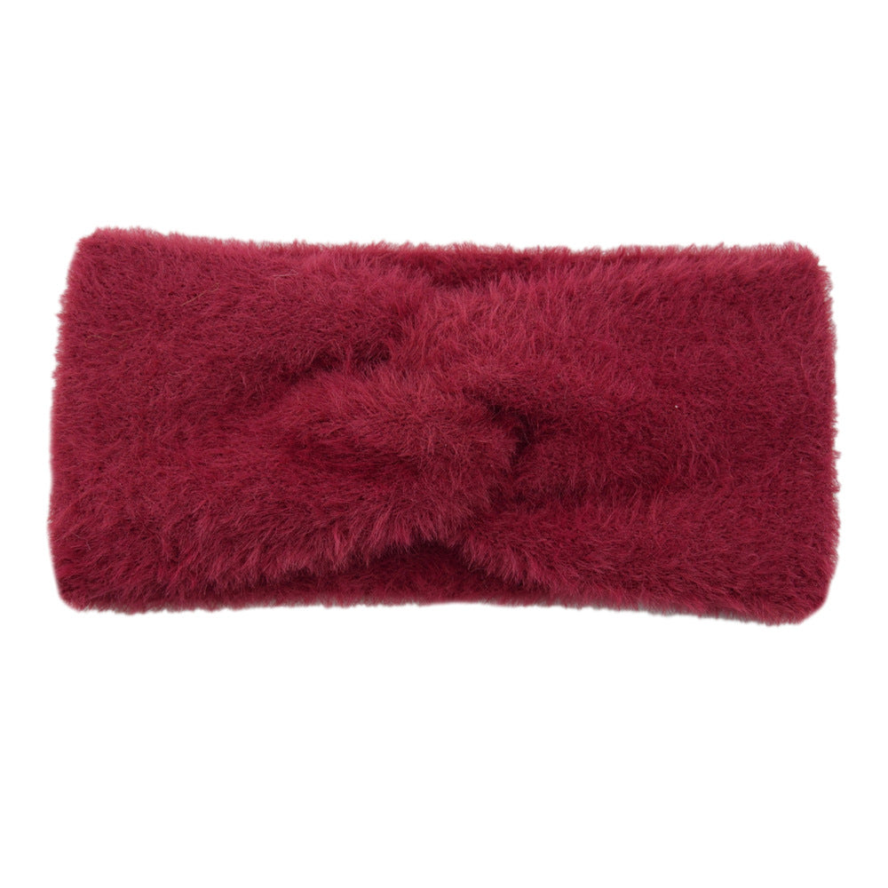 Lianfudai knitted Internet Celebrity Faux Mink Headband Cross Knitted Hair Band Ins New Warm Wool Headband Plush Headdress