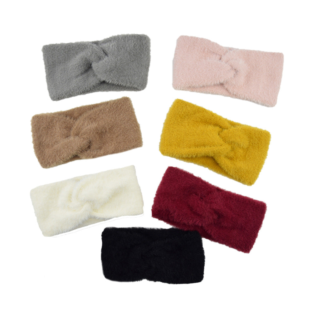 Lianfudai knitted Internet Celebrity Faux Mink Headband Cross Knitted Hair Band Ins New Warm Wool Headband Plush Headdress