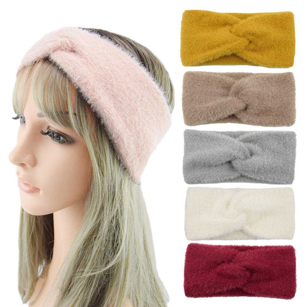 Lianfudai knitted Internet Celebrity Faux Mink Headband Cross Knitted Hair Band Ins New Warm Wool Headband Plush Headdress